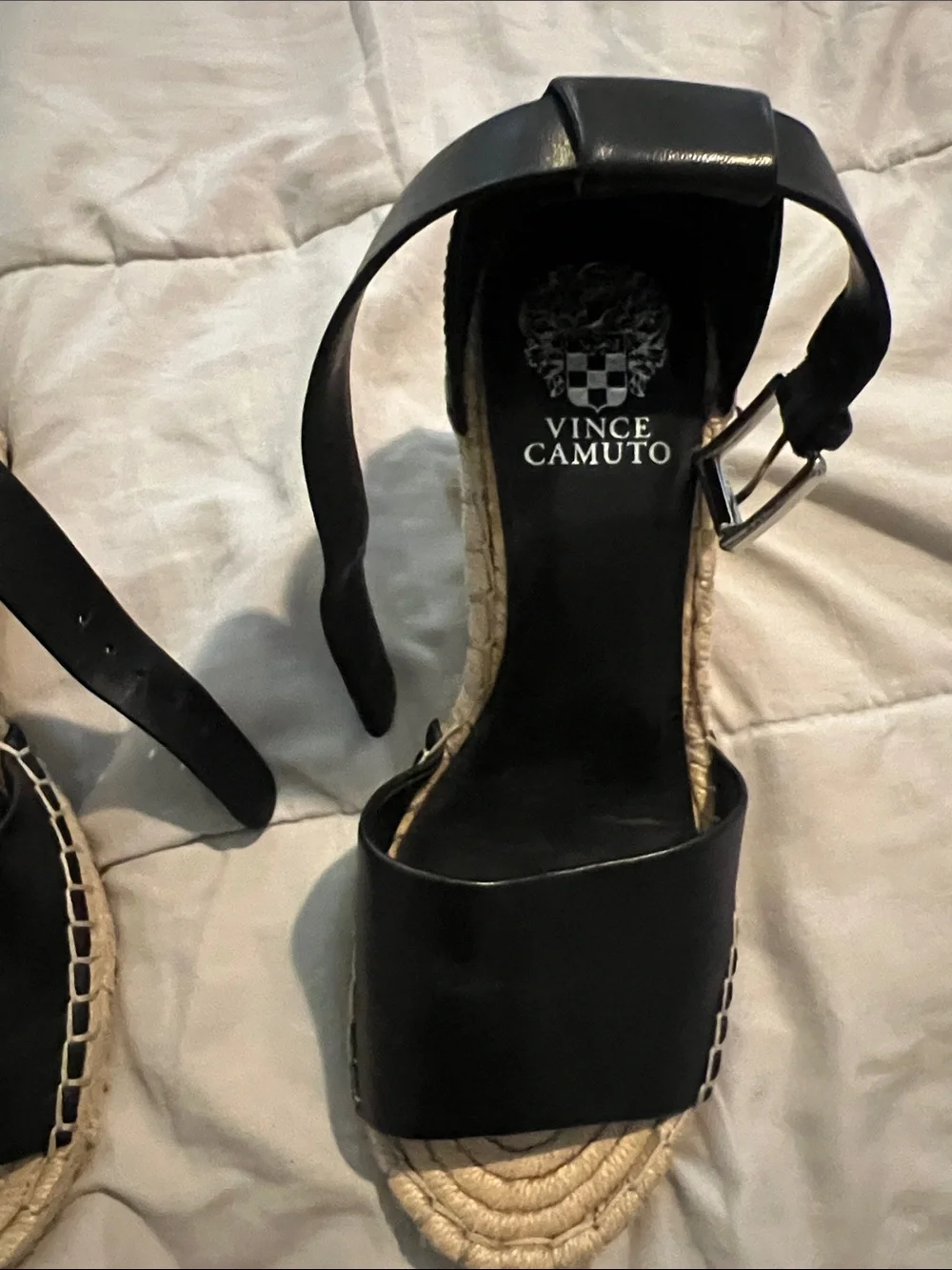 Vince Camuto Black Leather Espadrille Ankle-Strap Wedges